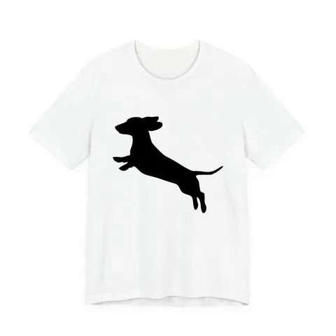 Dachshund Pose jumping on Unisex Jersey Short Sleeve Tee