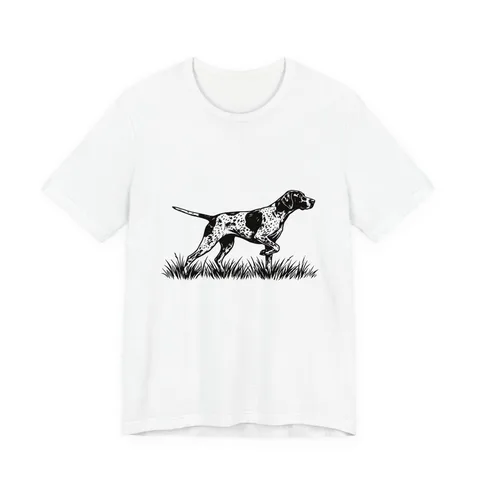 German Shorthaired Pointer Portrait pointing in grass on Unisex Jersey Short Sleeve Tee