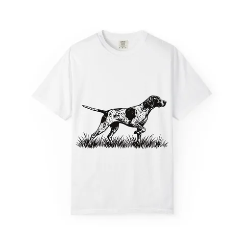 German Shorthaired Pointer Portrait pointing in grass on Unisex Garment-Dyed T-shirt