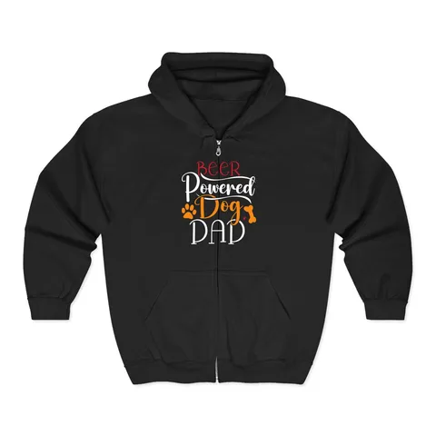 Beer Powered Dog Dad on Unisex Heavy Blend™ Full Zip Hooded Sweatshirt