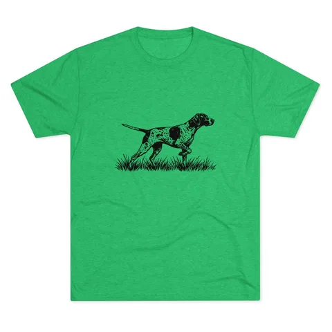 German Shorthaired Pointer Portrait pointing in grass on Unisex Tri-Blend Crew Tee
