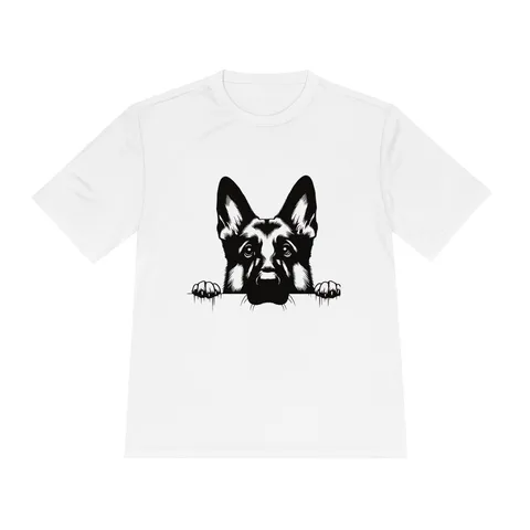 Peeking German Shepherd on Unisex Moisture Wicking Tee